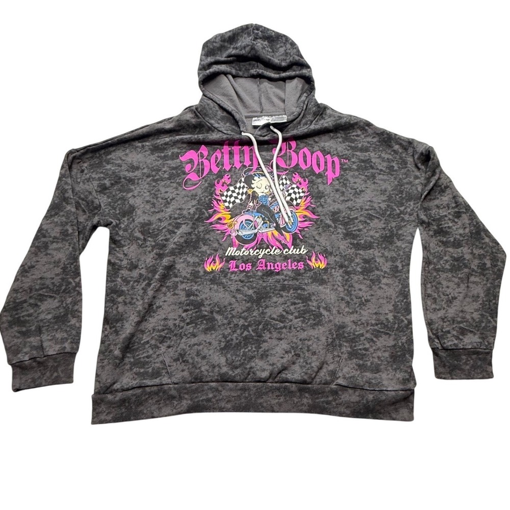Betty Boop Motorcycle Club Graphic Hoodie Grey Acid Wash Biker Womens XXXL